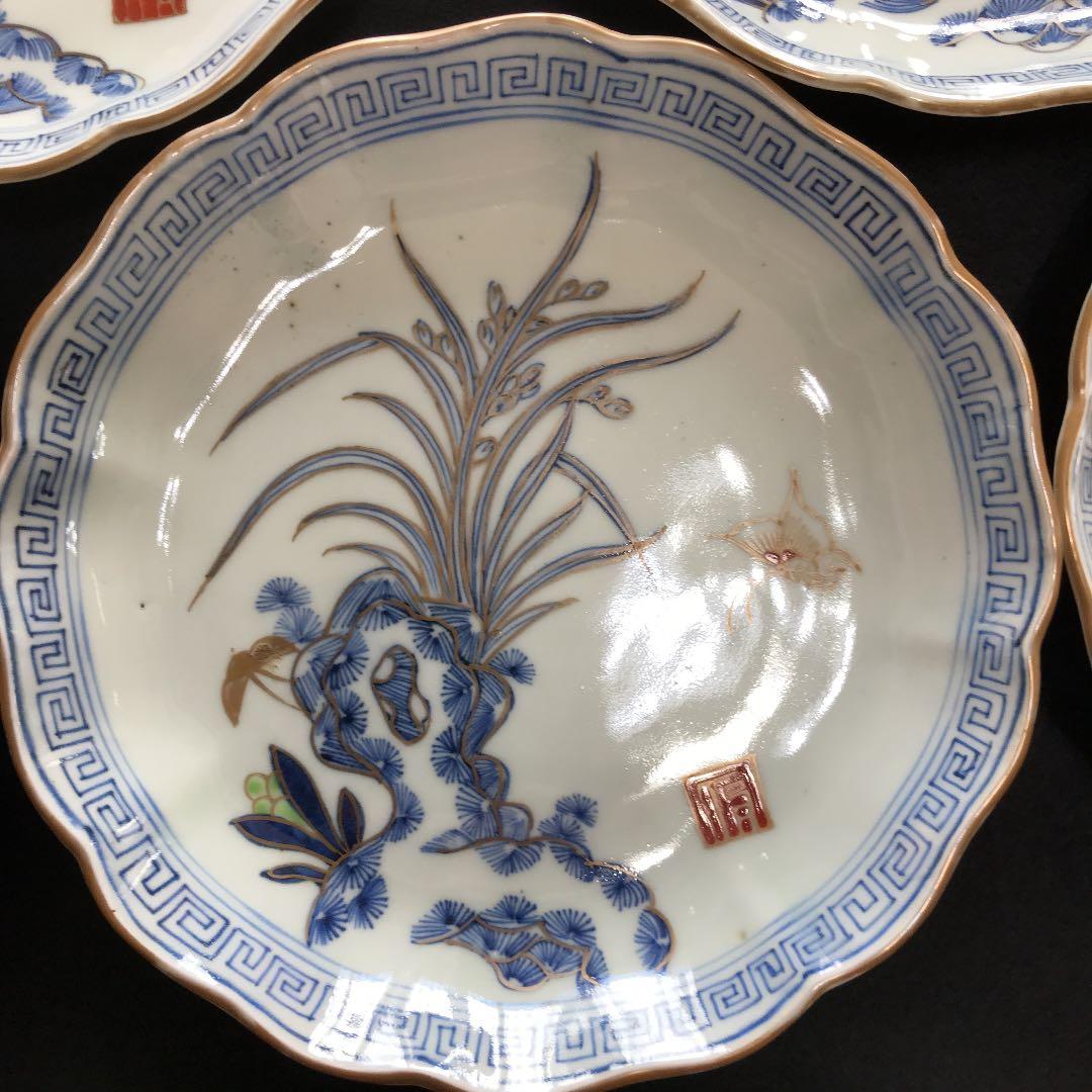 古伊万里 色絵岩蘭文七寸皿 5枚