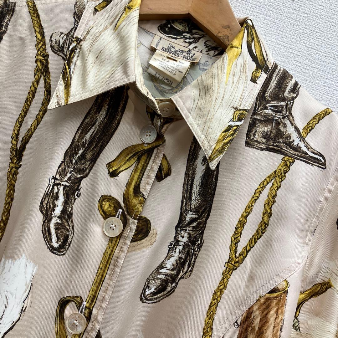 美品　エルメス　HERMES シルク　ブーツ柄　シャツ　ブラウス　40