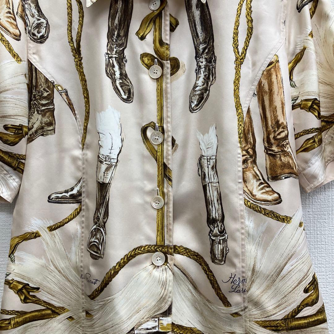 美品　エルメス　HERMES シルク　ブーツ柄　シャツ　ブラウス　40