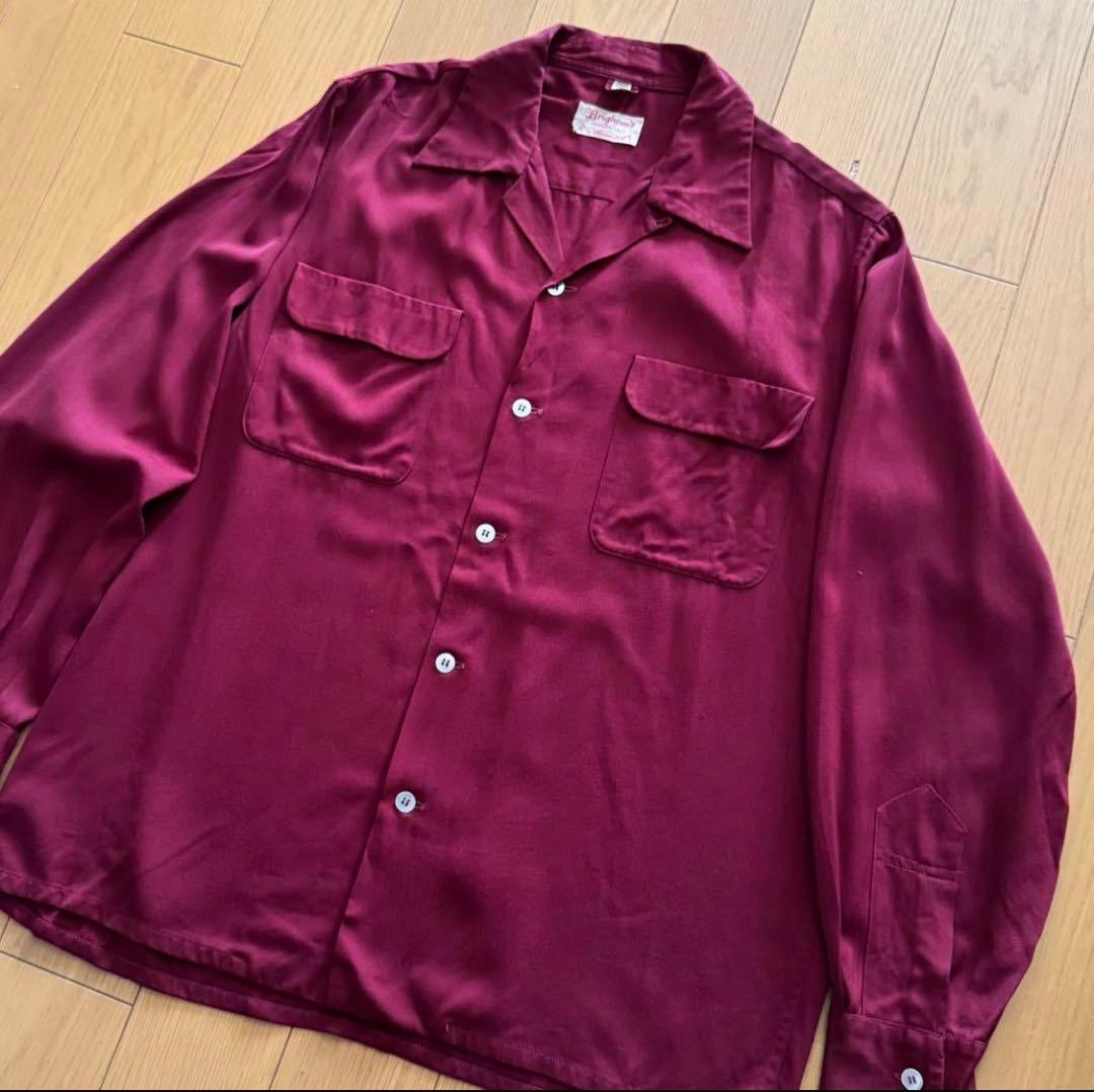ほ*る様 40s 50s レーヨン ギャバ シャツ オープンカラー ボルドー M