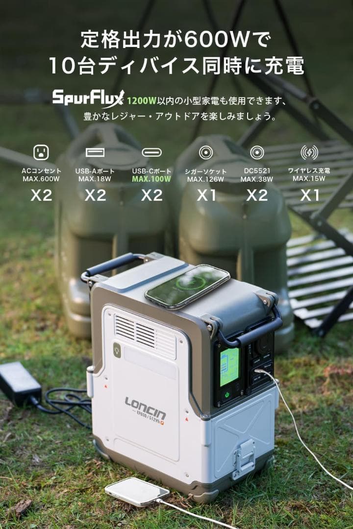 Loncin ポータブル電源 AC100V 512Wh 定格600W 7.6kg