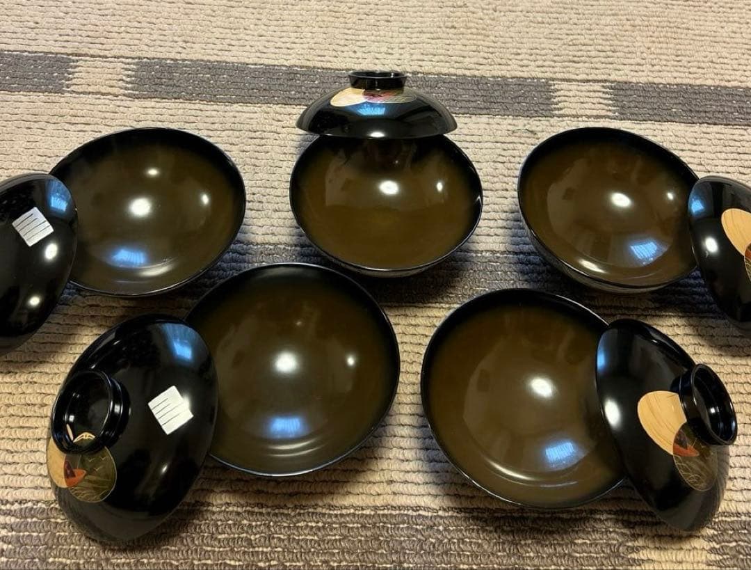1950年代本塗り　木製　漆器椀 お雑煮碗　5個セット 黒 貝合わせ金色装飾