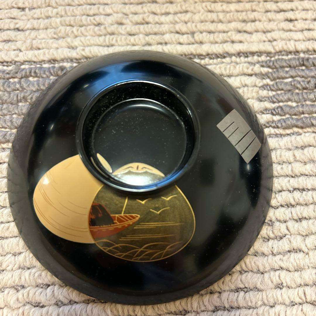 1950年代本塗り　木製　漆器椀 お雑煮碗　5個セット 黒 貝合わせ金色装飾