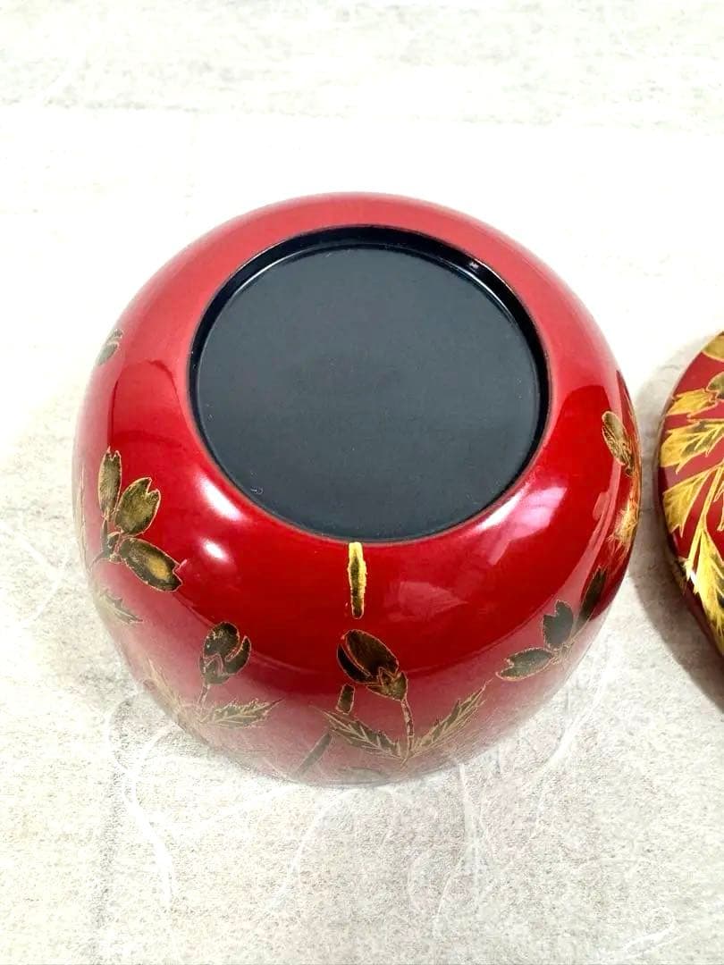 希少　棗　塚本規義　枝垂桜蒔絵平茶器　朱塗