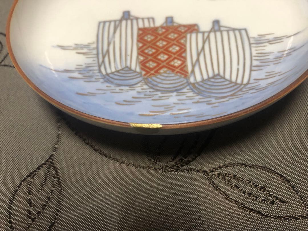 江戸明治時代色絵皿 帆掛船