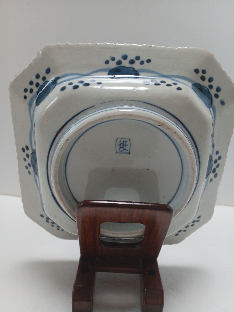 骨董伊万里　線描　染付　鳳凰文　角皿　隅切　1客