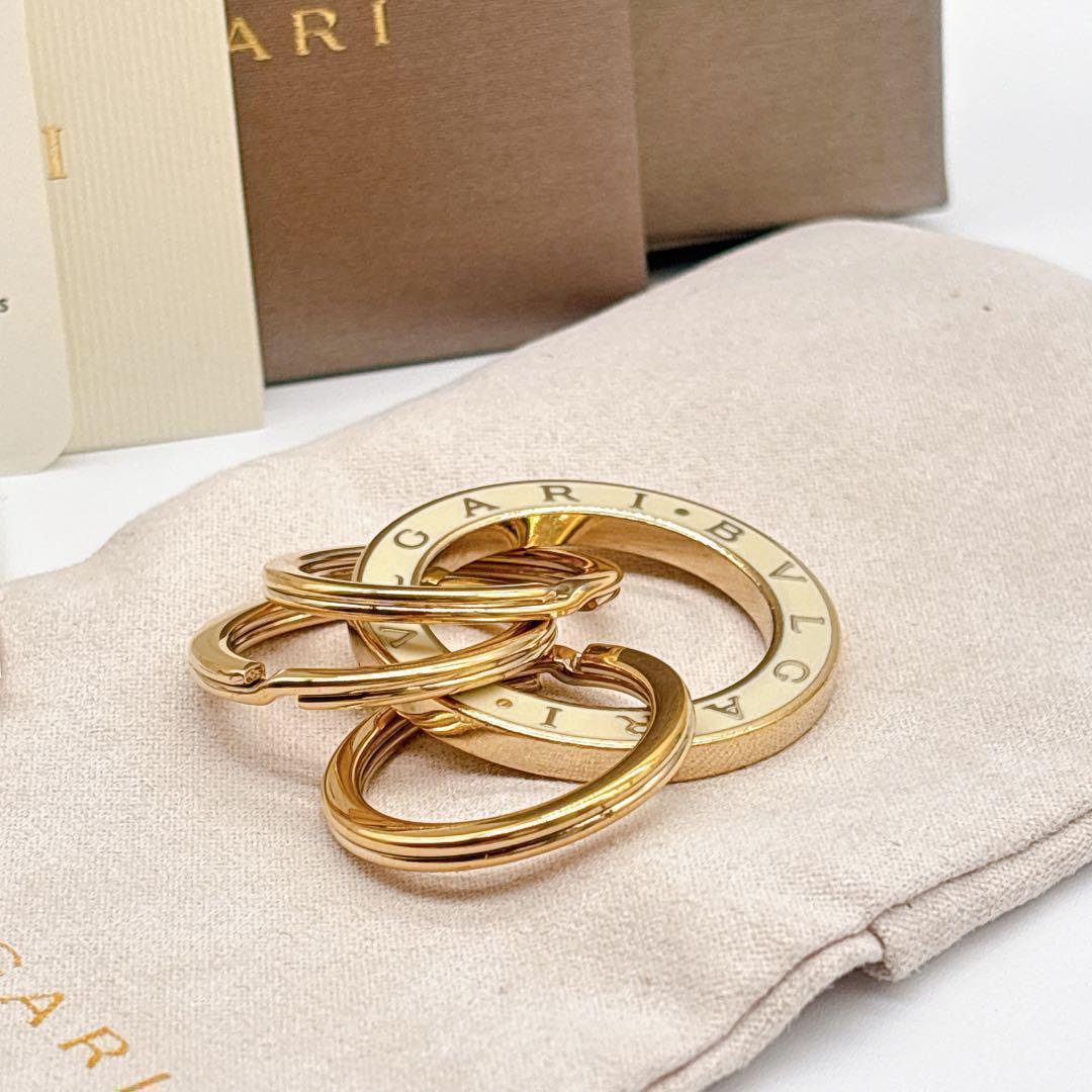【美品】BVLGARI　ブルガリ　3連キーリング　キーホルダー　チャーム　金 白