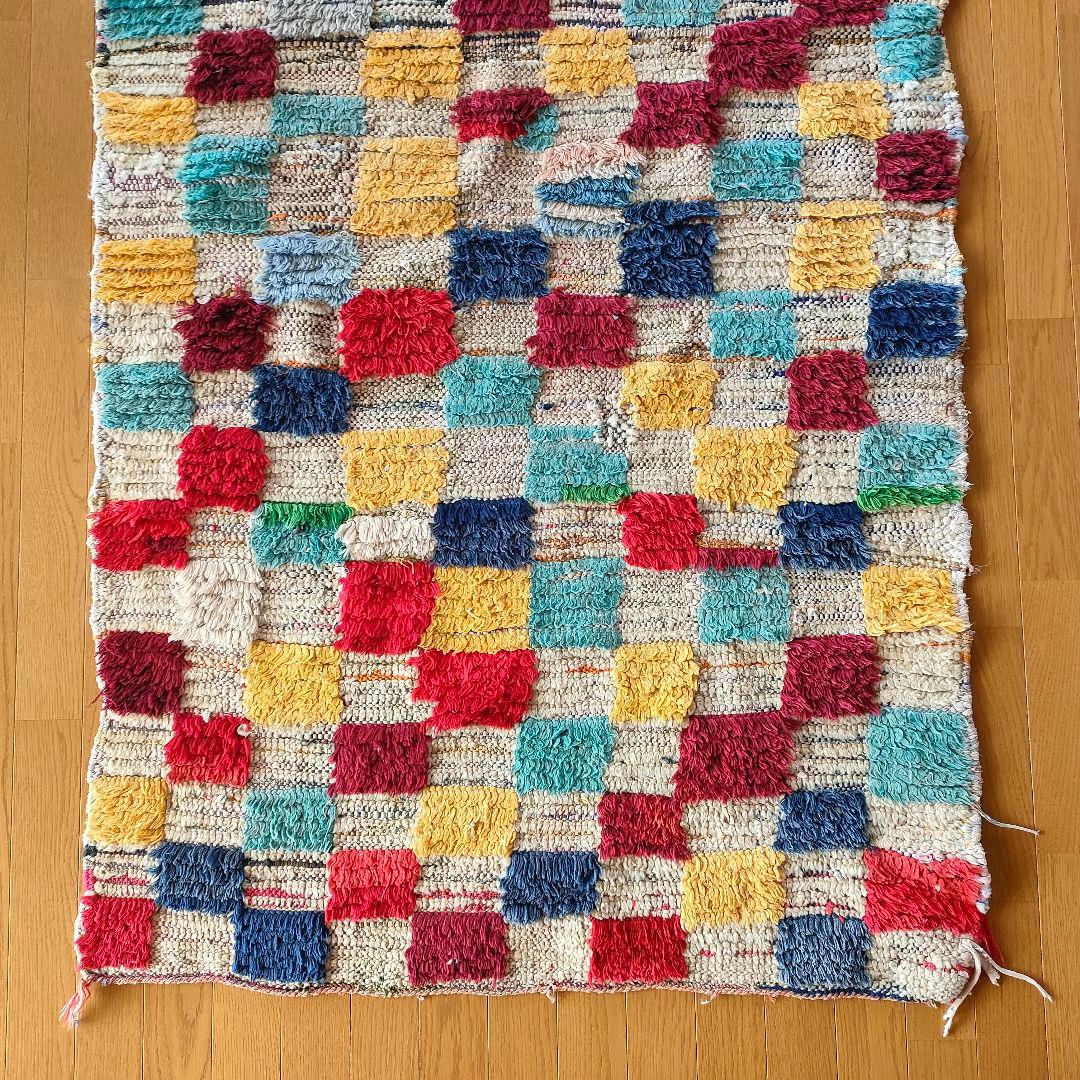 ヴィンテージ モロッコ製 カラフル チェックラグ 203×102cm