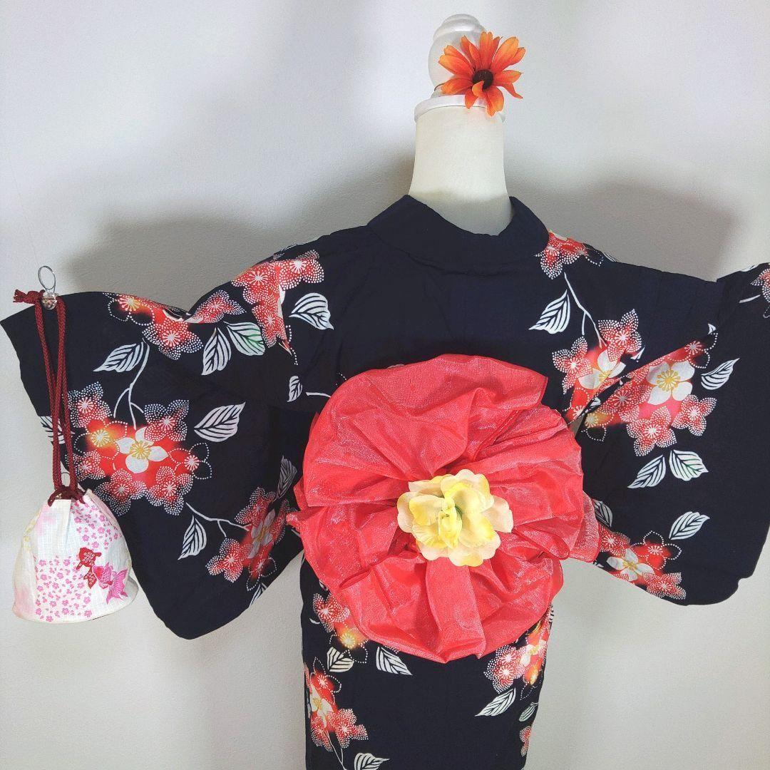 レトロ　キッズ　子供　浴衣　ネイビー　花柄　150cm　肩上げ　兵児帯　新品　赤