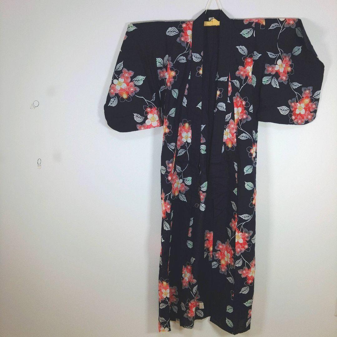 レトロ　キッズ　子供　浴衣　ネイビー　花柄　150cm　肩上げ　兵児帯　新品　赤