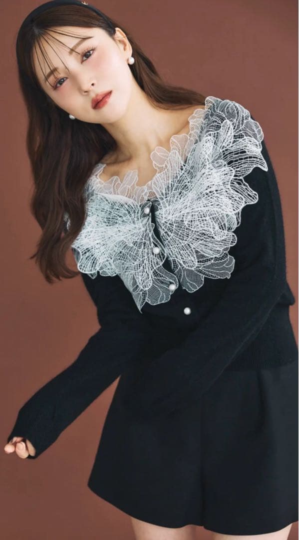 polaura ポローラ レースフリルカーディガン ブラック