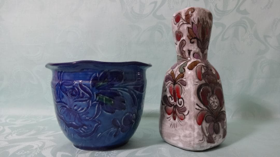 稀少 レア 1点物 イタリア製 HAND MADE サイン付花瓶　藍色鉢カバー