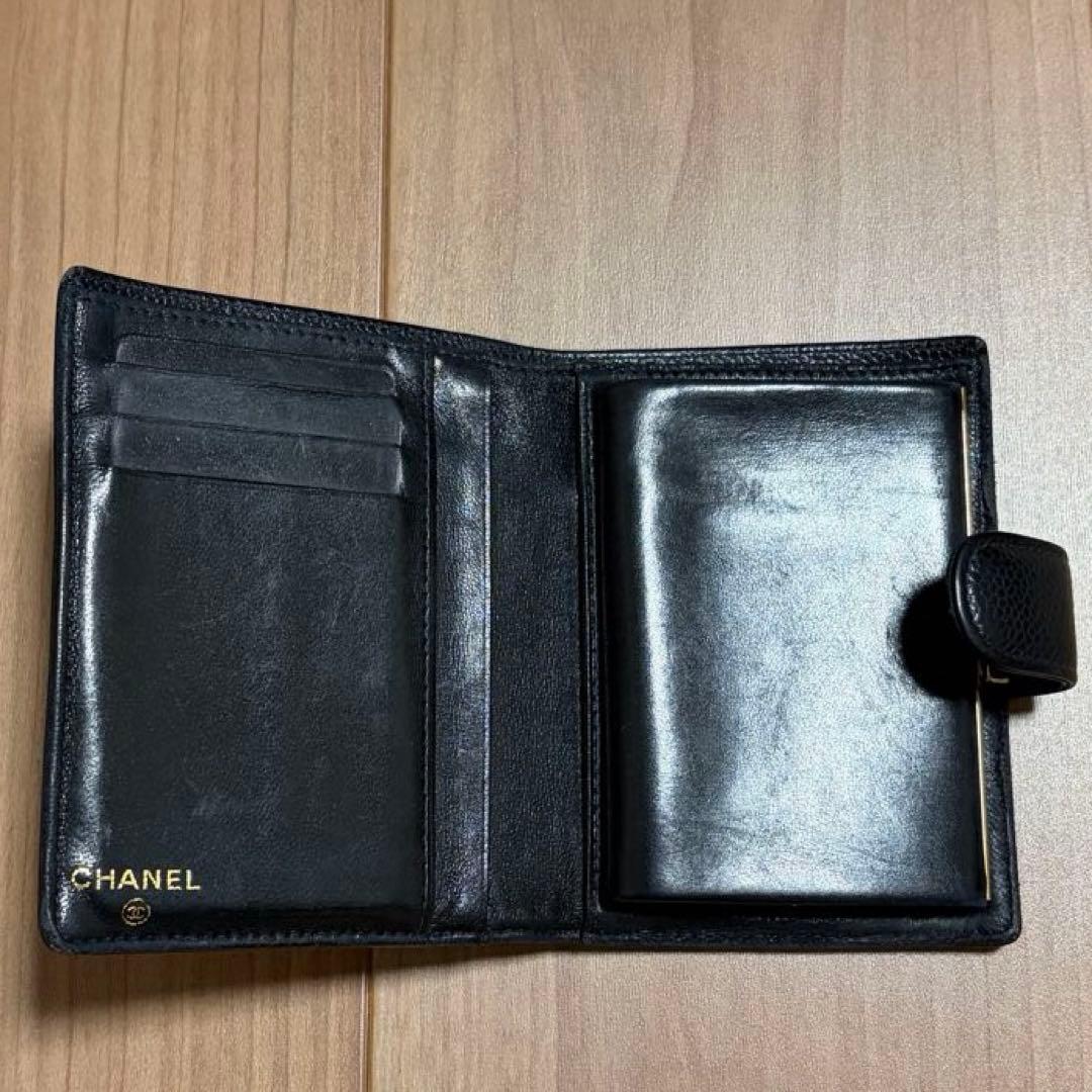 CHANEL シャネル キャビアスキン ココマーク がま口二つ折り財布 ブラック