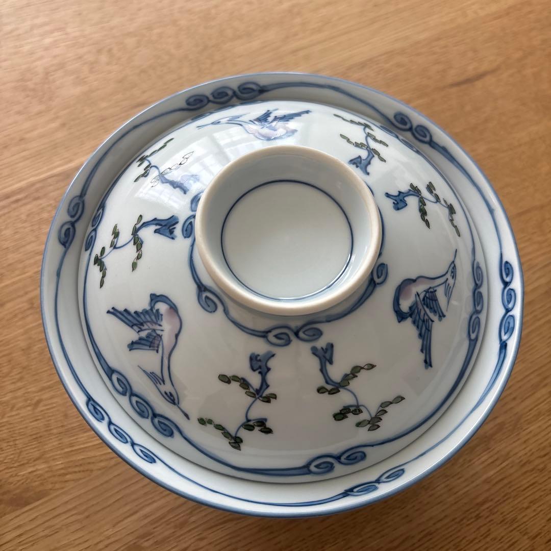 有田焼　源右衛門　染錦松鳥文蓋付茶碗 茶碗５客