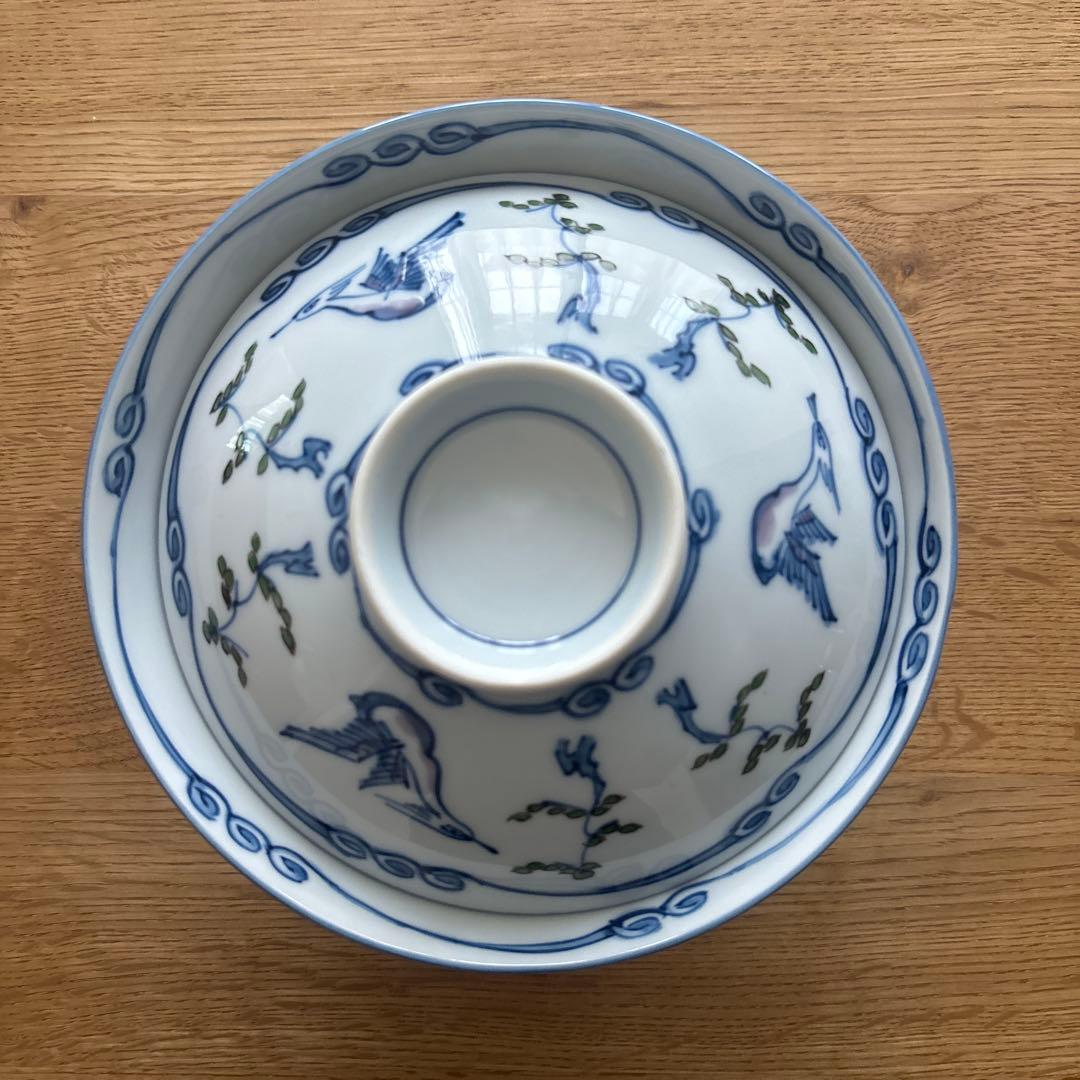 有田焼　源右衛門　染錦松鳥文蓋付茶碗 茶碗５客