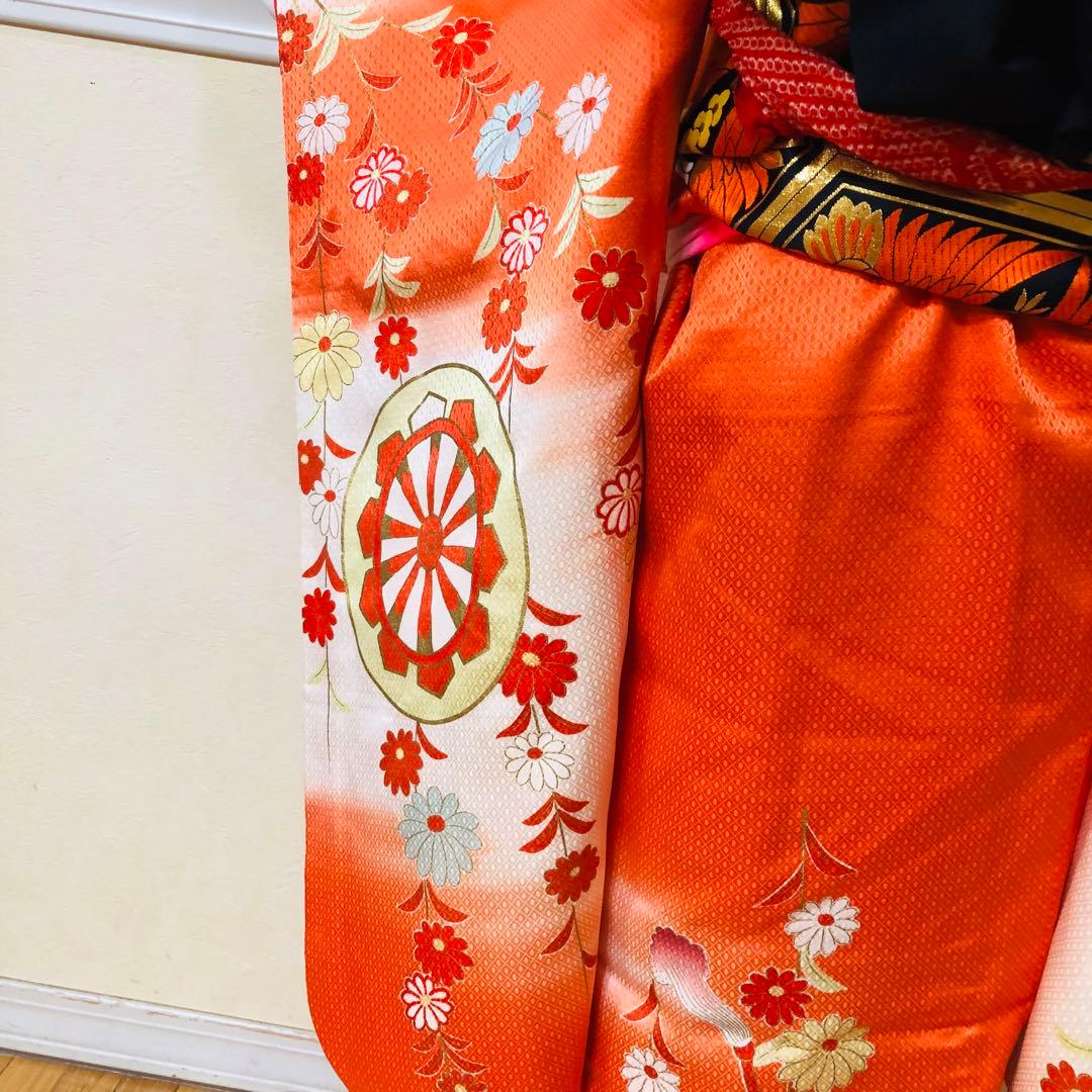 正絹着物七五三7歳‼️オレンジ暈し⭐︎菊雪輪金糸刺繍豪華煌びやか⭐︎安心フルセット