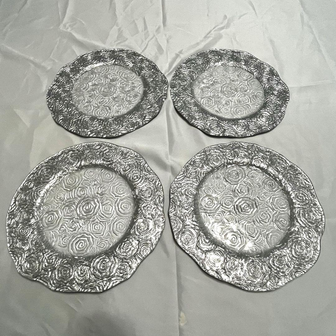 食器 お皿 ガラスプレート 4枚セット IVV ロゼット シルバー