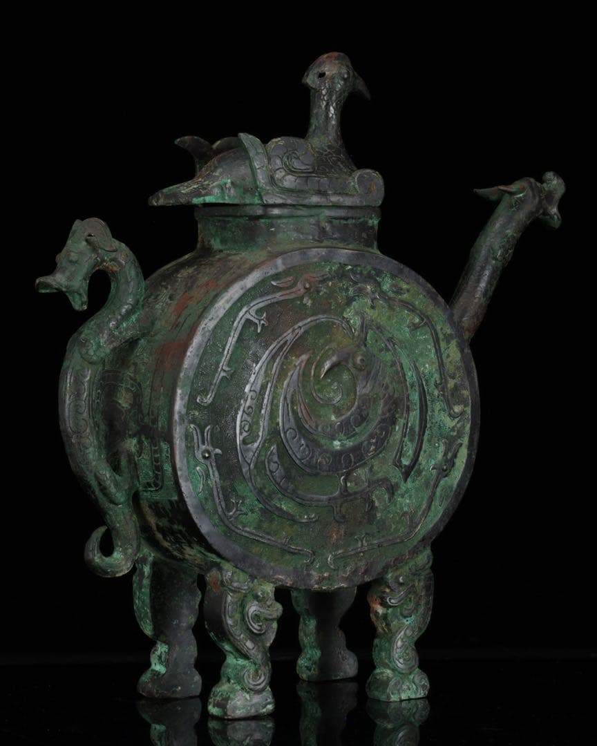 中国古玩 西周〜春秋時代 青銅水器 龍紋鷲蓋青銅器 共箱 古美術 骨董品 唐物