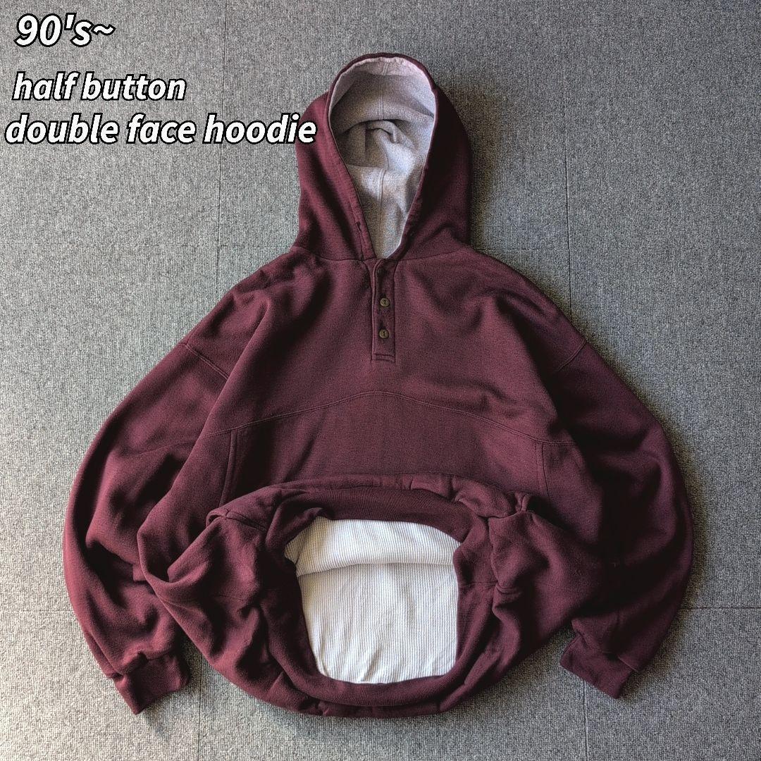 90s ダブルフェイス パーカー ハーフボタン サーマル 古着 XL オールド