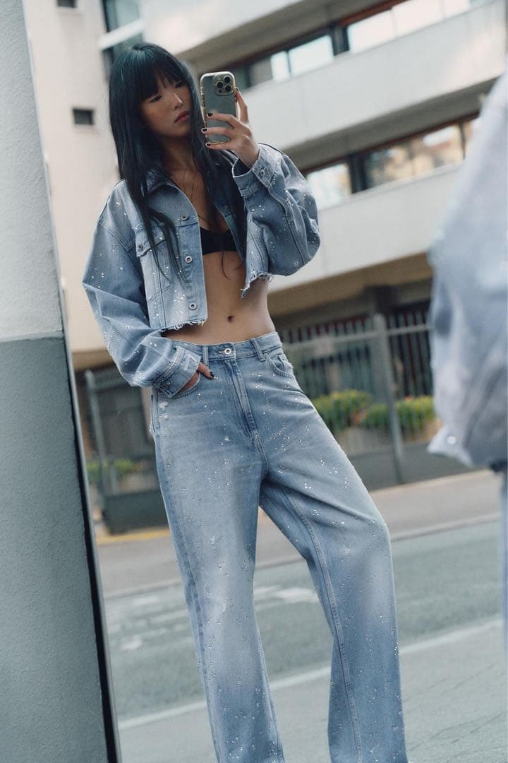 『完売品』ZARA TRF ストレート STRASS ハイウエストジーンズ
