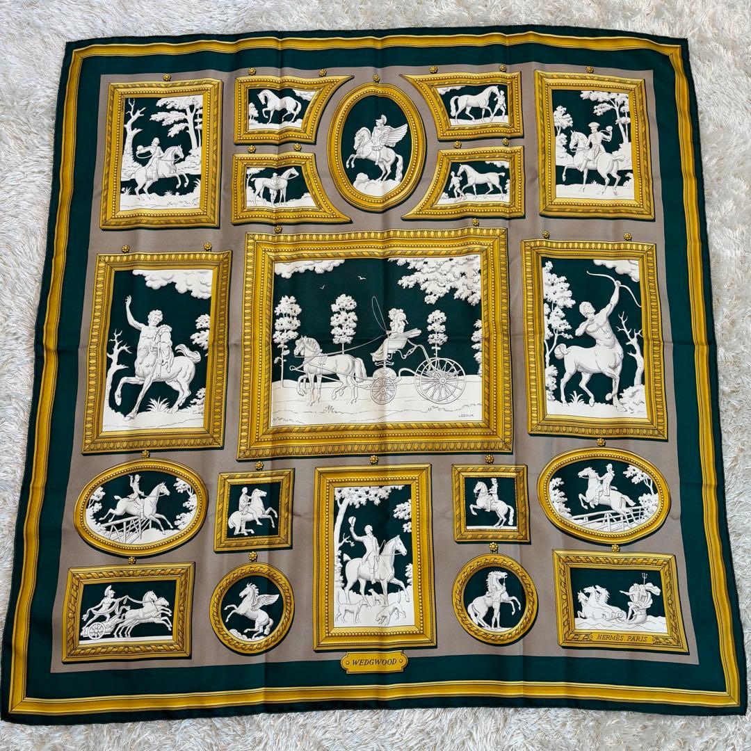 極美品✨HERMES WEDG WOOD コラボスカーフ　グリーン　カレ90