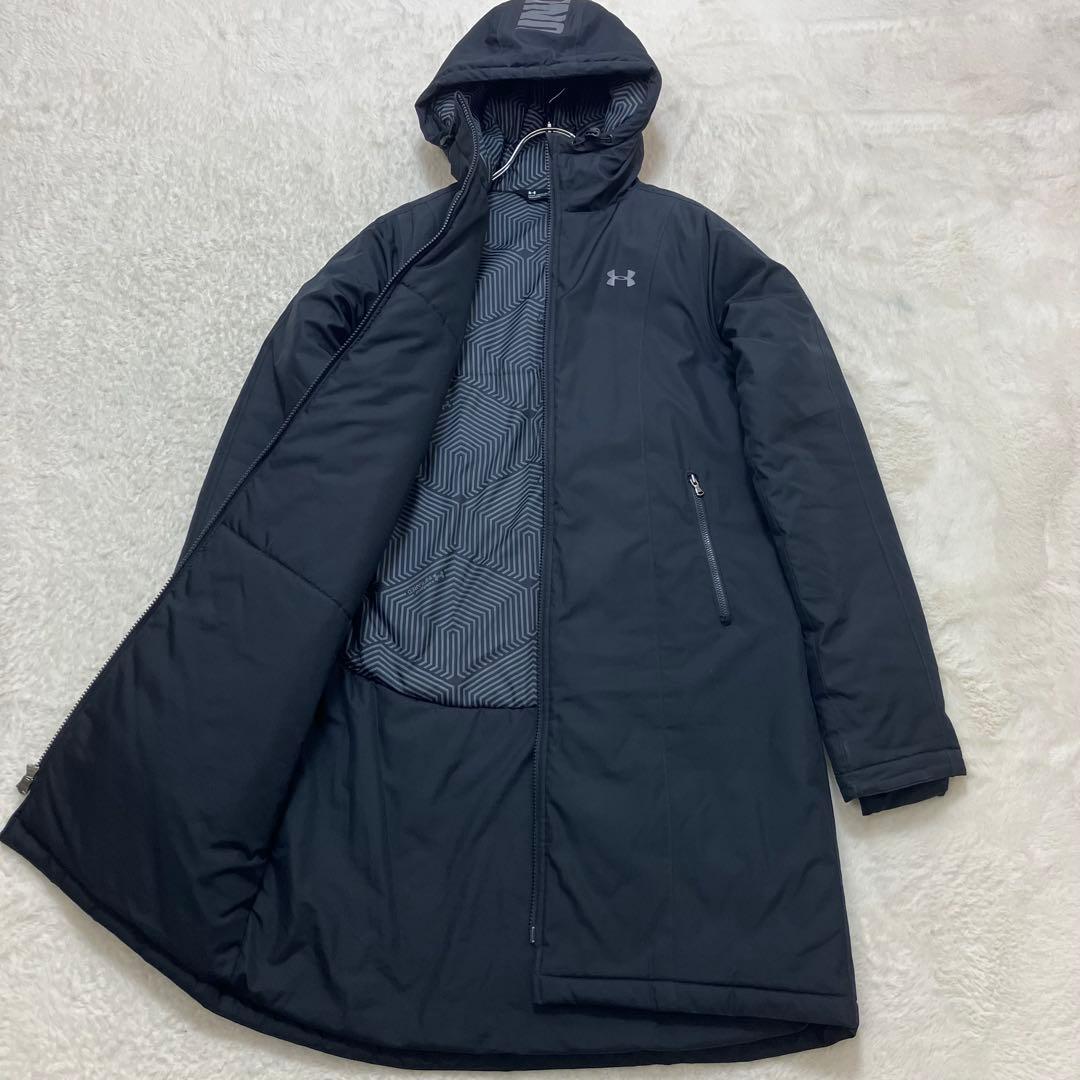 アンダーアーマー✨ロング ベンチコート 黒 フード ロゴプリント 男女兼用
