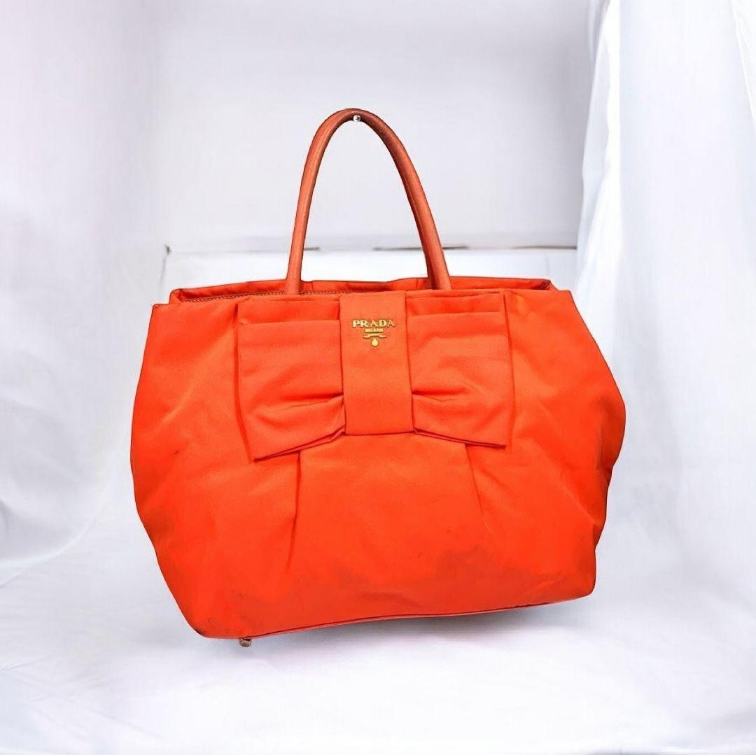 プラダ PRADA トートバッグ リボン テスート ナイロン オレンジ 美品