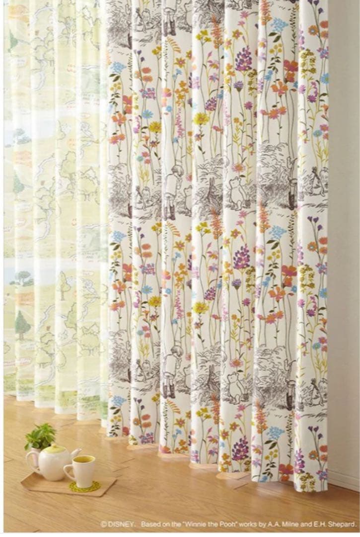 DISNEY カーテン Pooh 100×207cm 2枚 レースカーテン 付