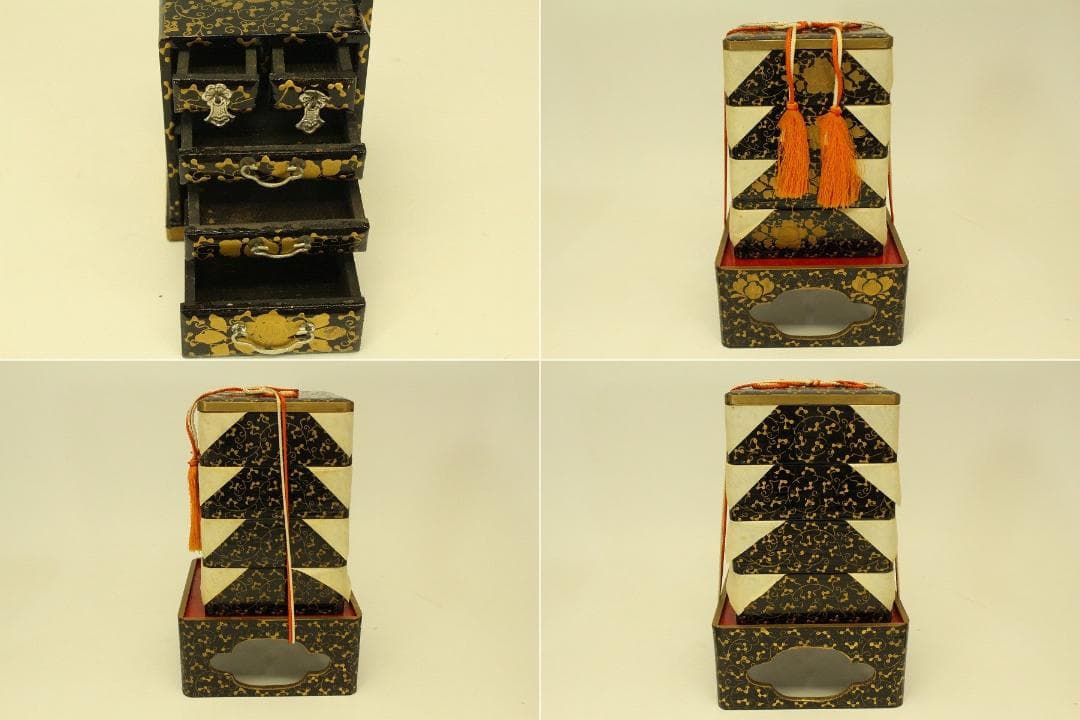 ミニチュア 雛道具 木製 蒔絵家具 重箱 針 鏡 揃い セット(ZE359)