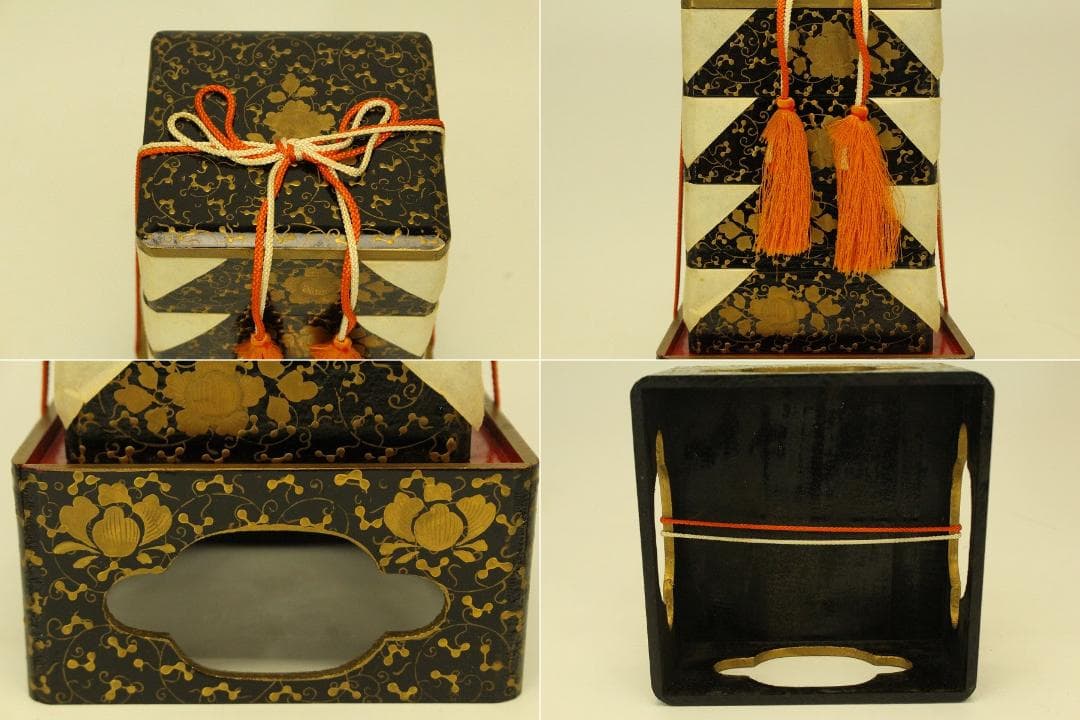 ミニチュア 雛道具 木製 蒔絵家具 重箱 針 鏡 揃い セット(ZE359)