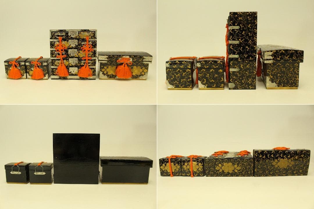 ミニチュア 雛道具 木製 蒔絵家具 重箱 針 鏡 揃い セット(ZE359)