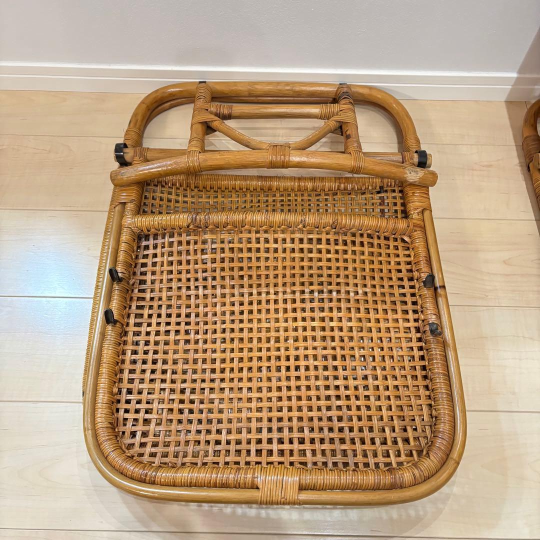 レトロ　ラタン 籐 座椅子 3脚セット 折りたたみ 2段階リクライニング