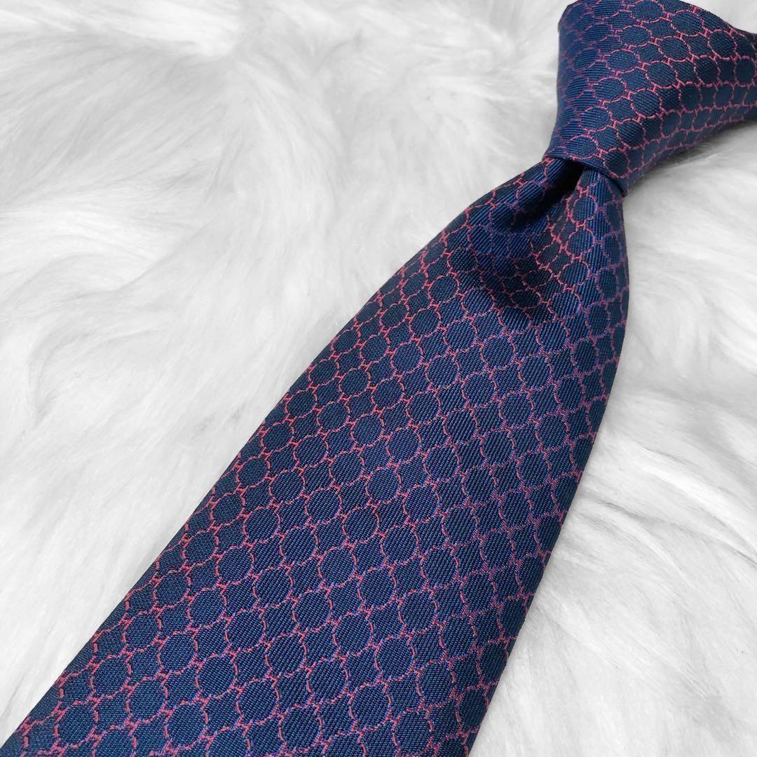 【美品】エルメス ネクタイ H柄 サークル ネイビー ビジネス 成人式 イベント