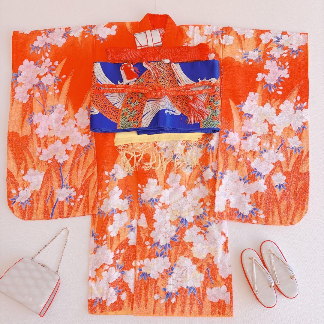 フルセット　七五三　7歳女の子　オレンジ地　桜　孔雀　52397