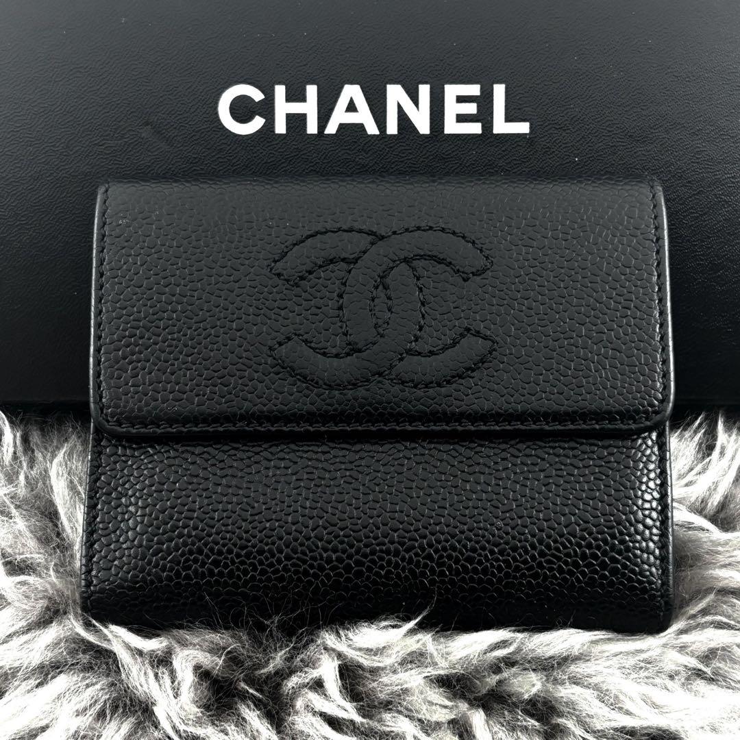 【美品✨レア】シャネル 財布 ココステッチ キャビア 三つ折 コンパクト