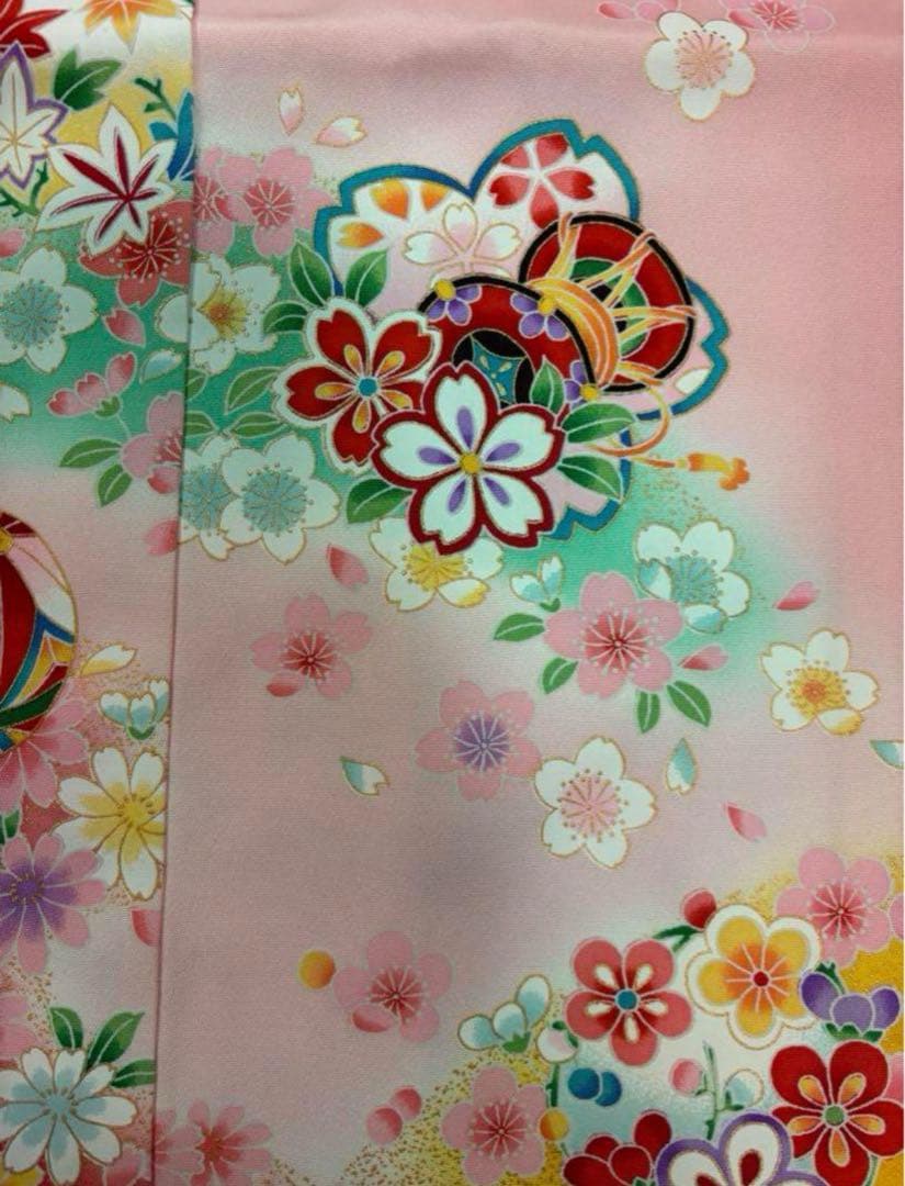 七五三　女の子着物　三ツ身着物　正絹　新品　華やかピンク　可愛い手毬柄　桜　鼓