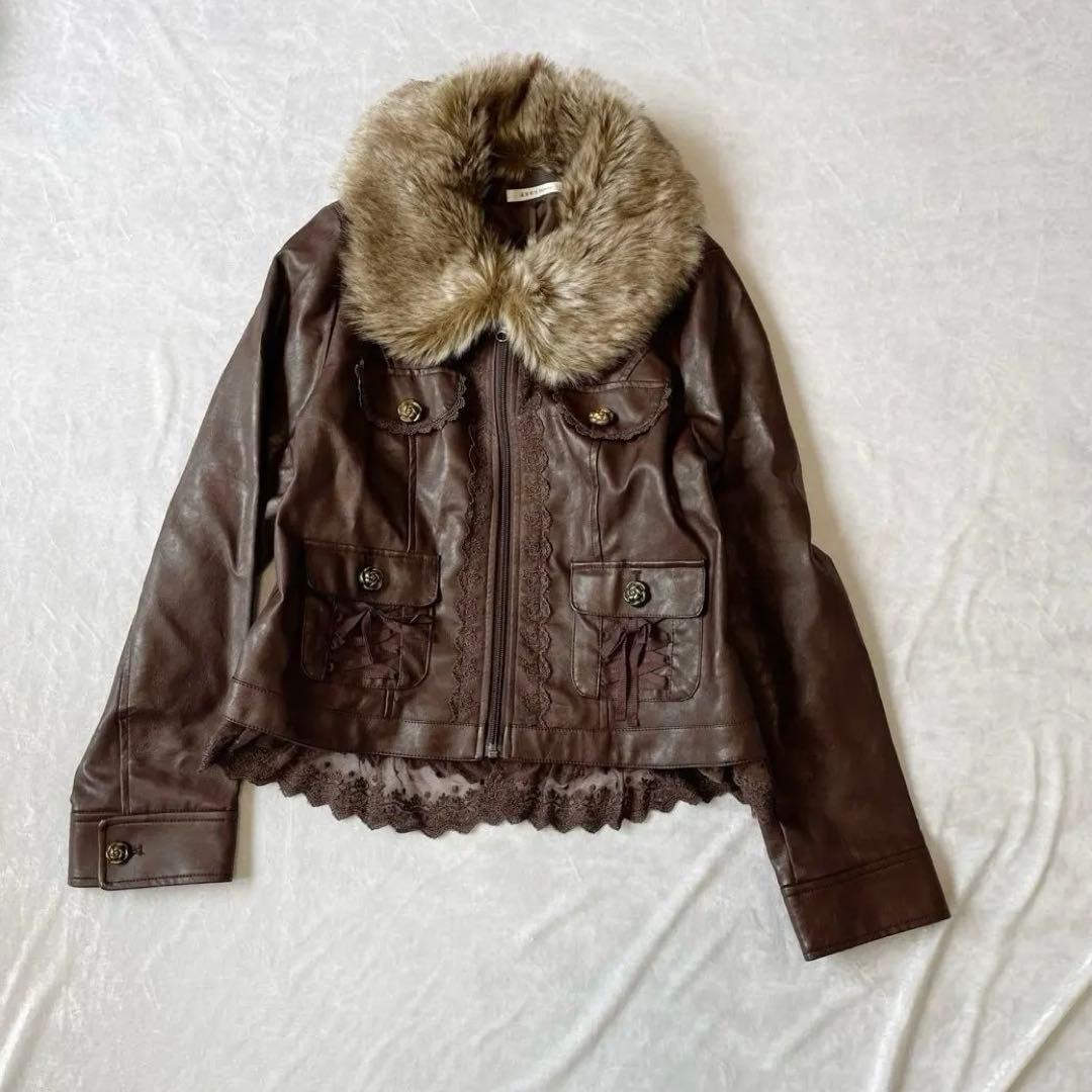 アクシーズファム　y2k ギャル　フリル　ブラウン　レザー　ショートジャケット