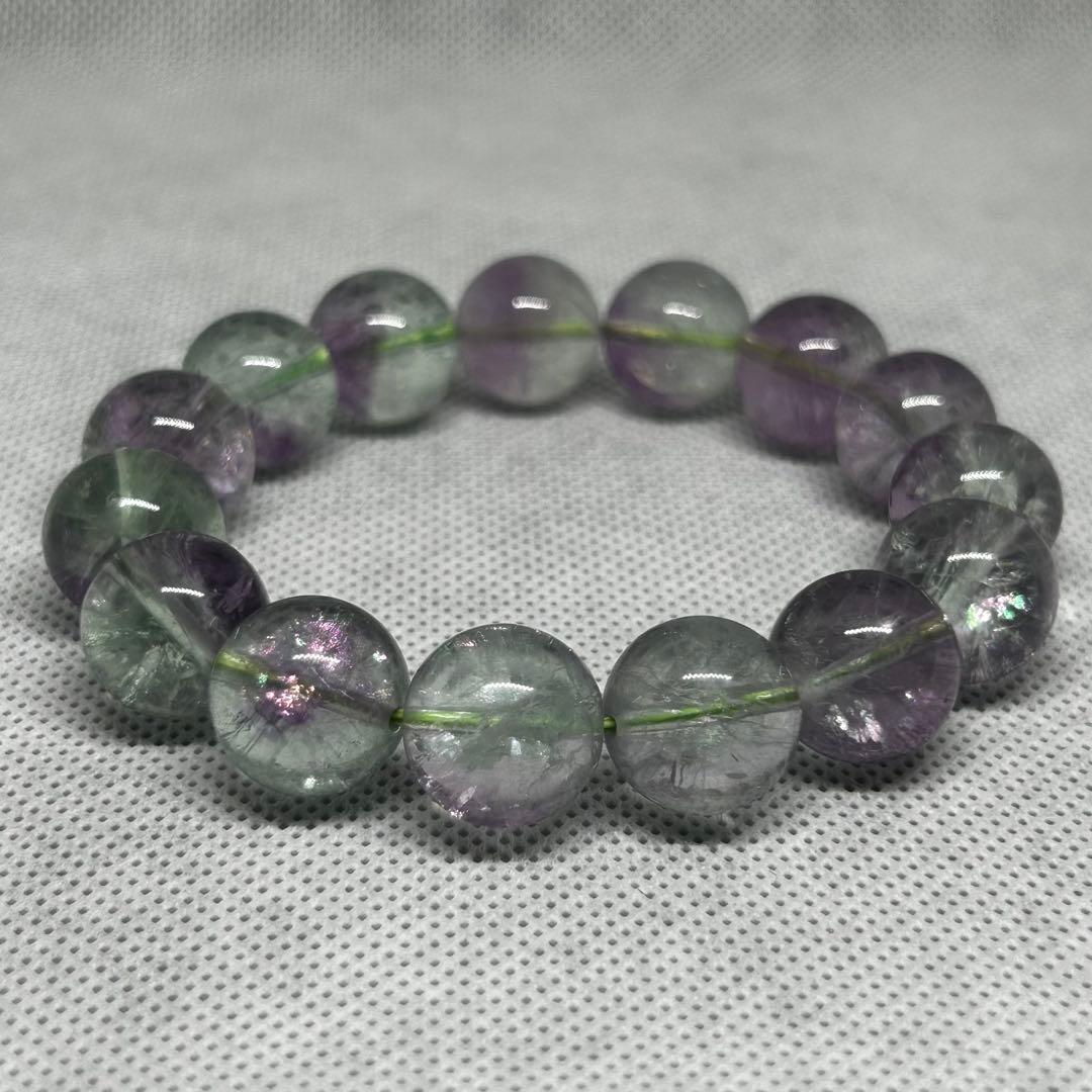 高品質　バイカラー　フローライト　紫　緑　虹だらけ　ブレスレット　14mm玉