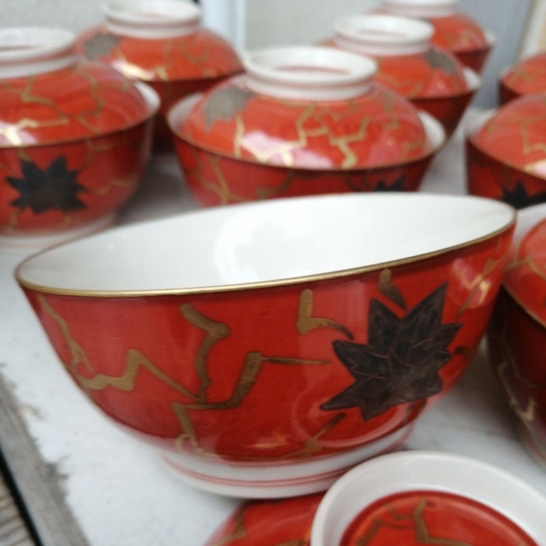 骨董　蓋物　煮物 蓋付茶碗　在銘　高麗赤絵　10客　木箱　会席膳　懐石料理