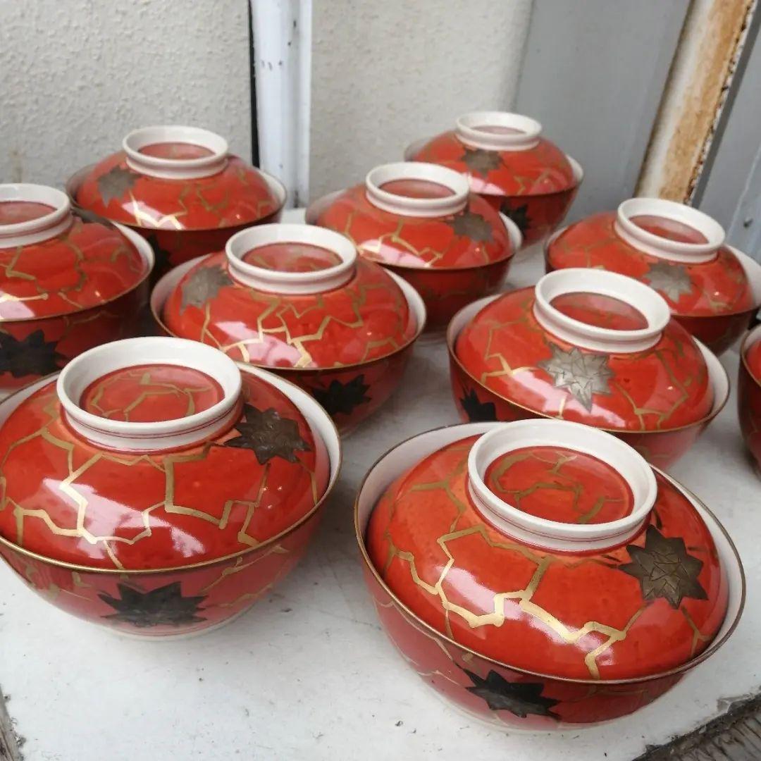 骨董　蓋物　煮物 蓋付茶碗　在銘　高麗赤絵　10客　木箱　会席膳　懐石料理