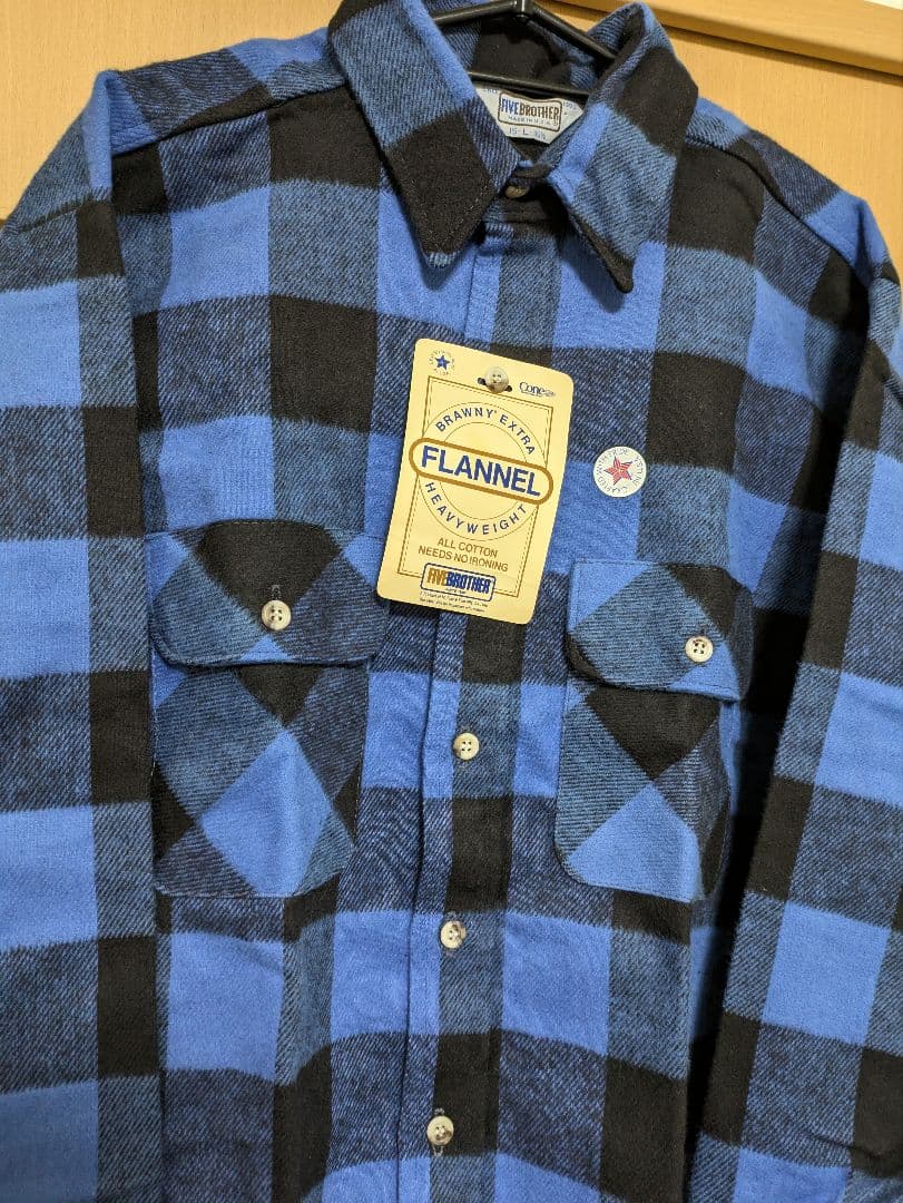 デッドストック　FIVE BROTHERネルシャツ青×黒（USA製・L）