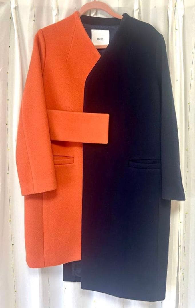 UN3D. アンスリード バイカラーアシンメトリーコート オレンジ×ネイビー