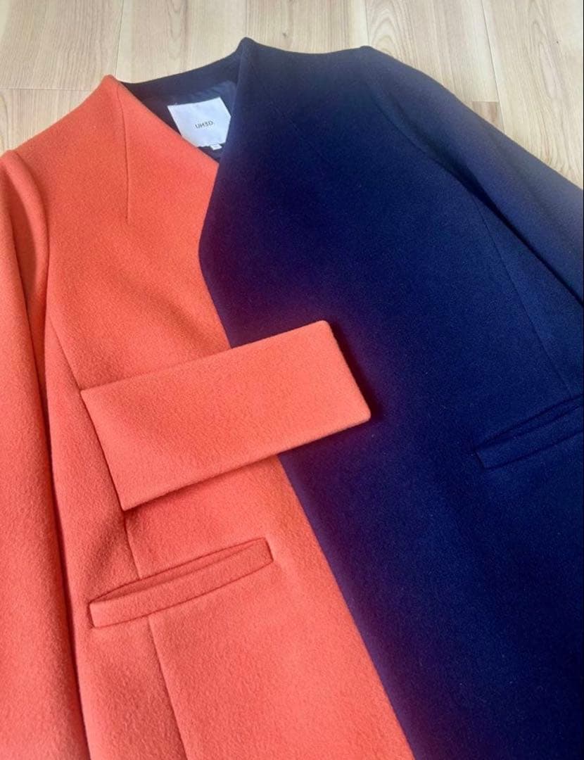 UN3D. アンスリード バイカラーアシンメトリーコート オレンジ×ネイビー