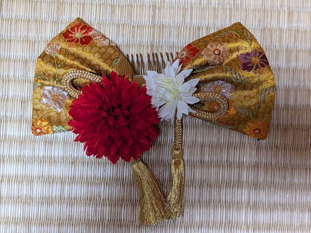 七五三　7歳用フルセット　花柄蝶デザイン着物 赤オレンジ