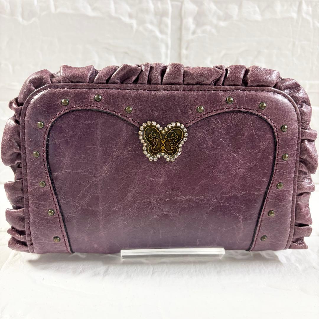 【未使用級】アナスイ レザー がま口 2つ折り財布 パープル フリル　バタフライ