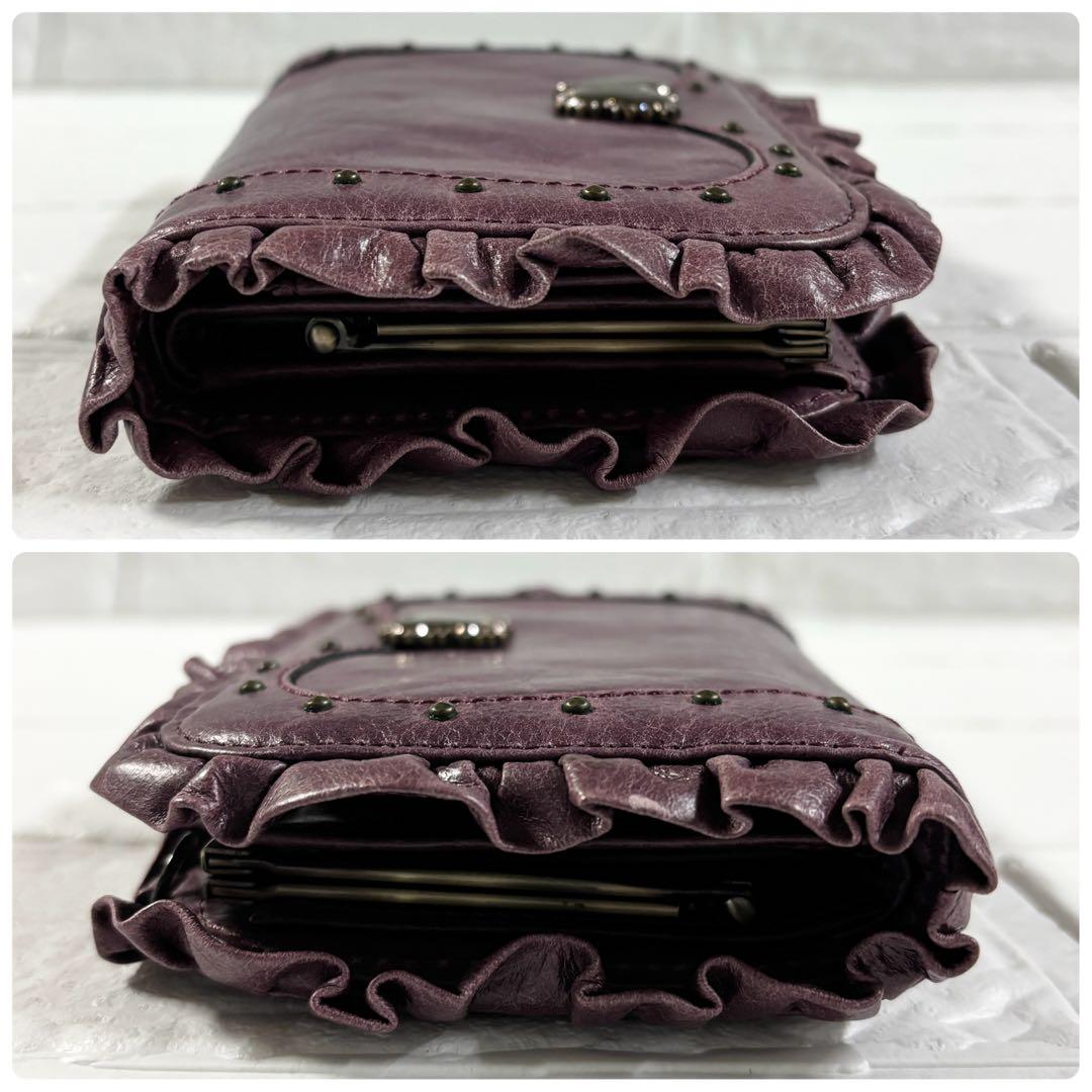 【未使用級】アナスイ レザー がま口 2つ折り財布 パープル フリル　バタフライ