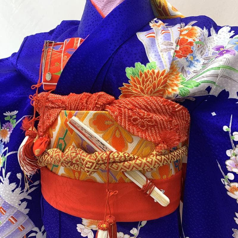 601ag48□七五三 七歳 女児 着物&袋帯 金彩 扇に花 青□美品