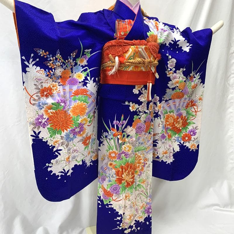 601ag48□七五三 七歳 女児 着物&袋帯 金彩 扇に花 青□美品