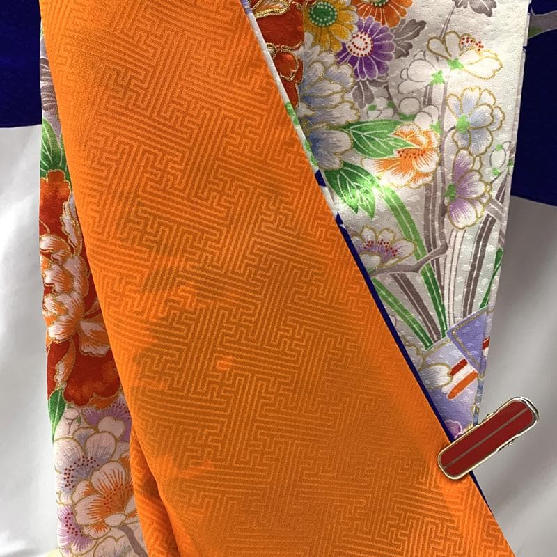 601ag48□七五三 七歳 女児 着物&袋帯 金彩 扇に花 青□美品
