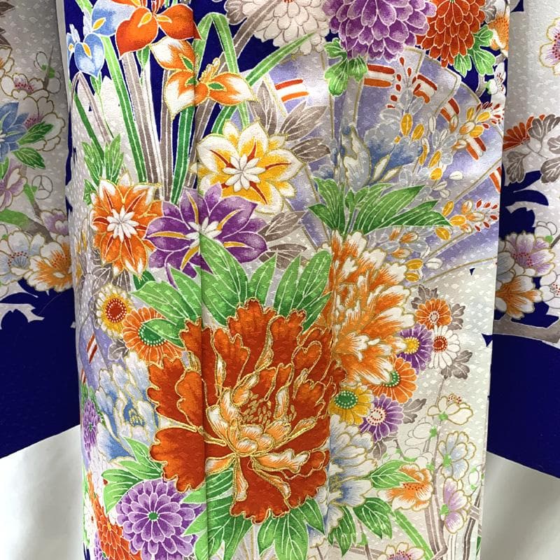 601ag48□七五三 七歳 女児 着物&袋帯 金彩 扇に花 青□美品